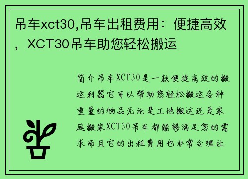 吊车xct30,吊车出租费用：便捷高效，XCT30吊车助您轻松搬运